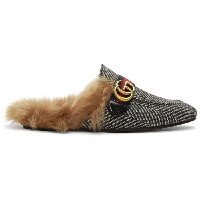 Photo: Gucci Black and White Herringbone Wool-Lined Princetown Slip-On Loafers 