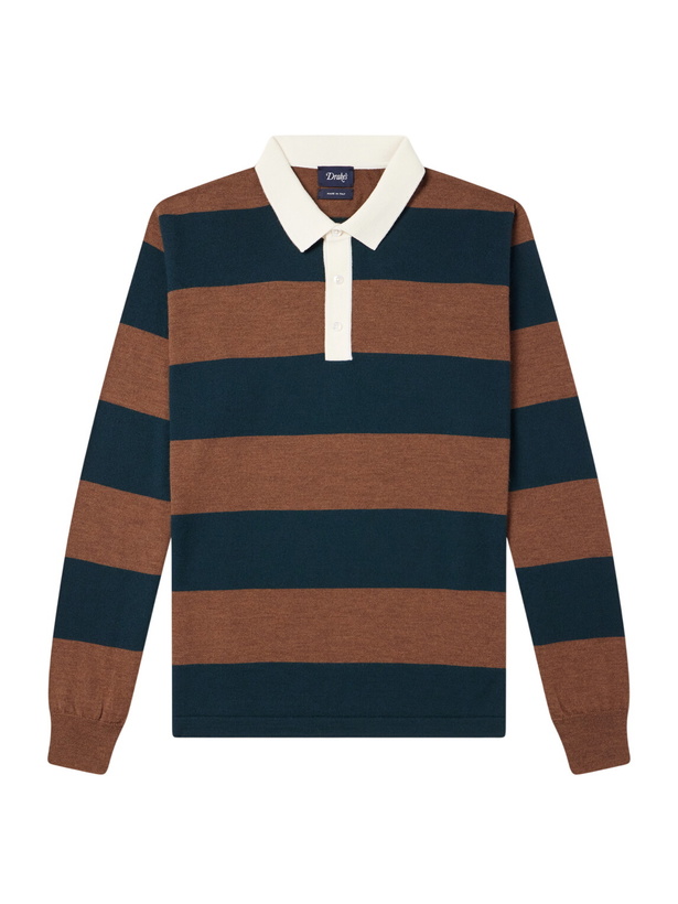 Photo: Drake's - Striped Merino Wool-Jersey Polo Shirt - Green