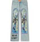 WHO DECIDES WAR by Ev Bravado - Painted Beaded Denim Jeans - Blue