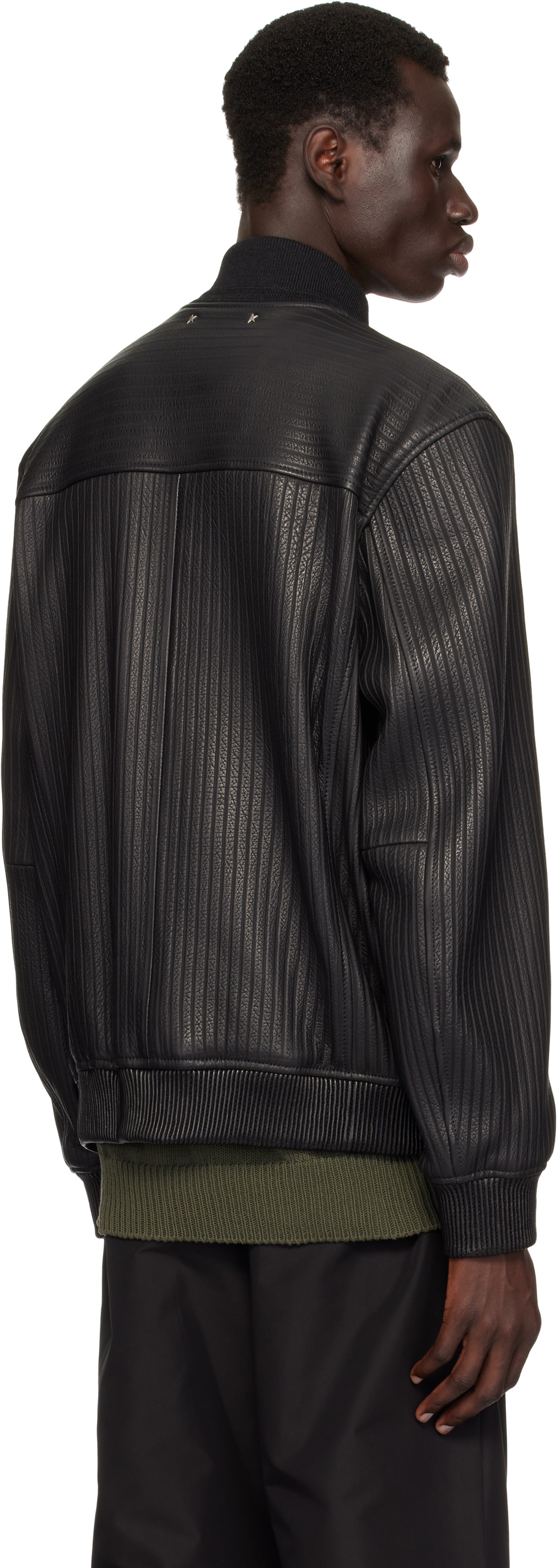 Golden Goose Black Embossed Stripes Leather Bomber Jacket