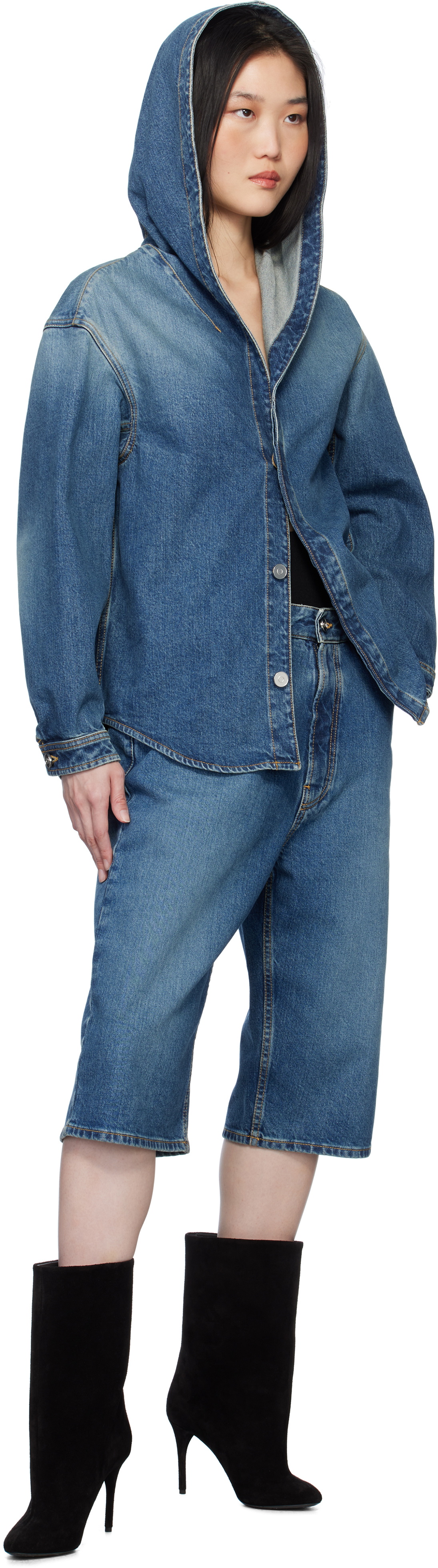ALAÏA Blue Knitted Waistband Denim Bermuda Shorts