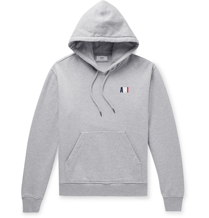 Photo: AMI - Slim-Fit Logo-Embroidered Mélange Loopback Cotton-Jersey Hoodie - Gray