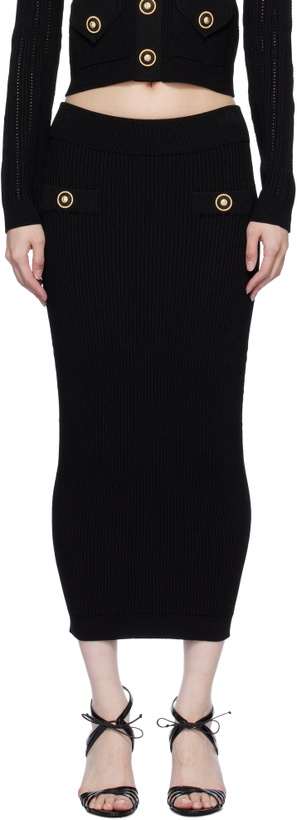 Photo: Balmain Black Plain Ribbed Knit Midi Skirt