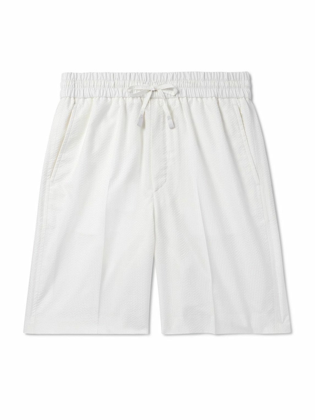 Photo: Brioni - Straight-Leg Herringbone Striped Silk-Seersucker Shorts - White