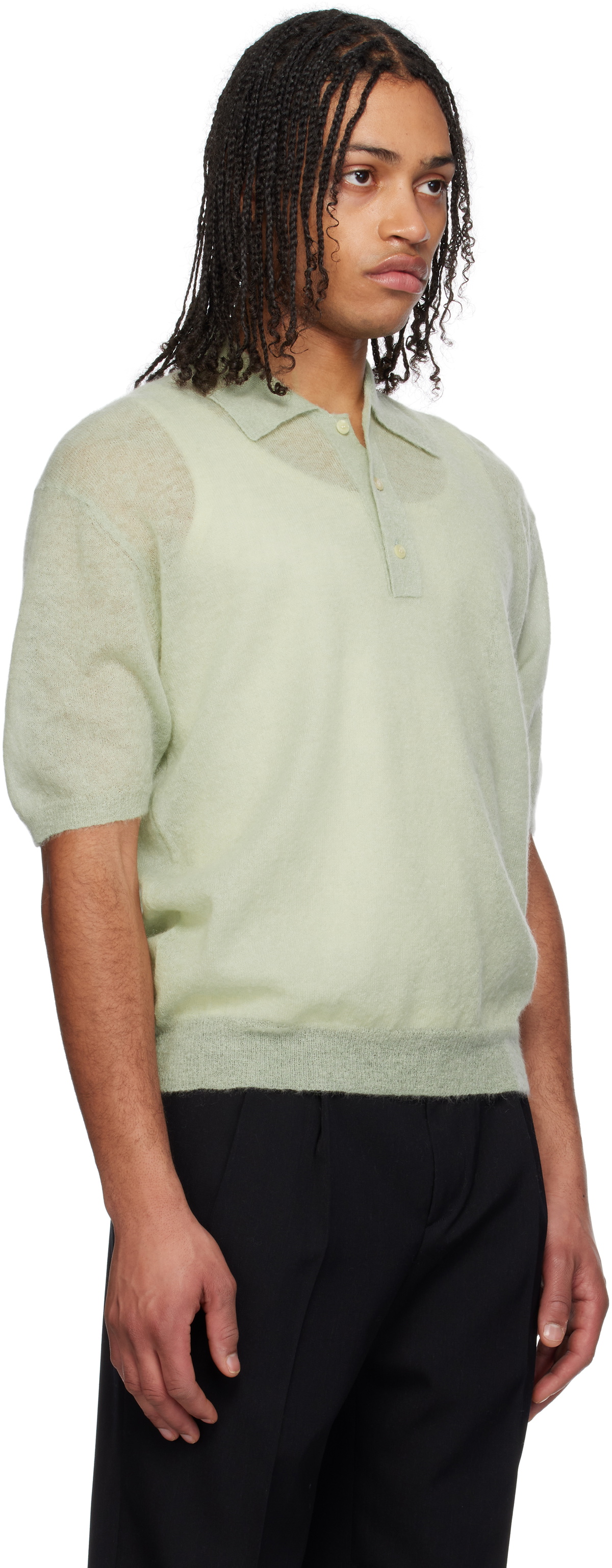 AURALEE Green Kid Mohair Sheer Knit Polo Auralee