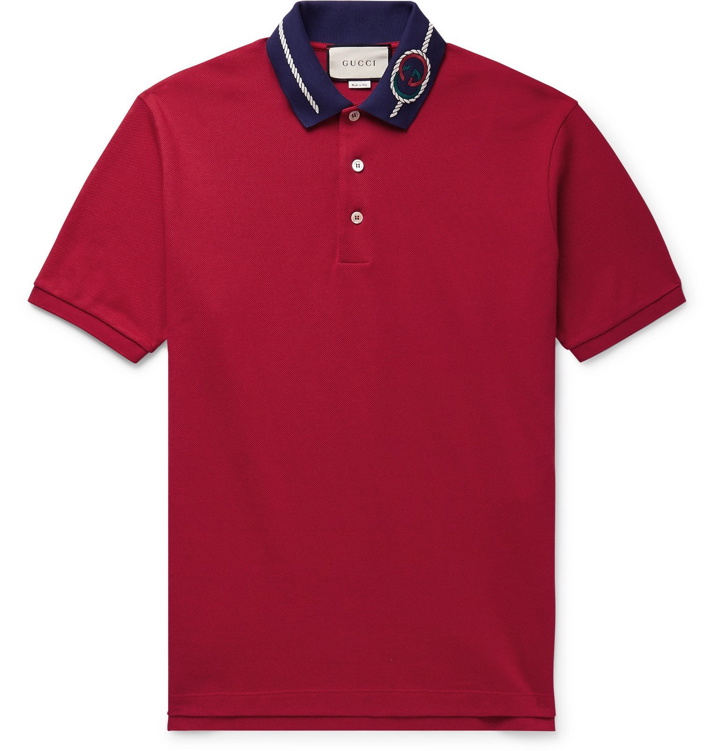 Photo: Gucci - Embroidered Stretch-Cotton Piqué Polo Shirt - Red