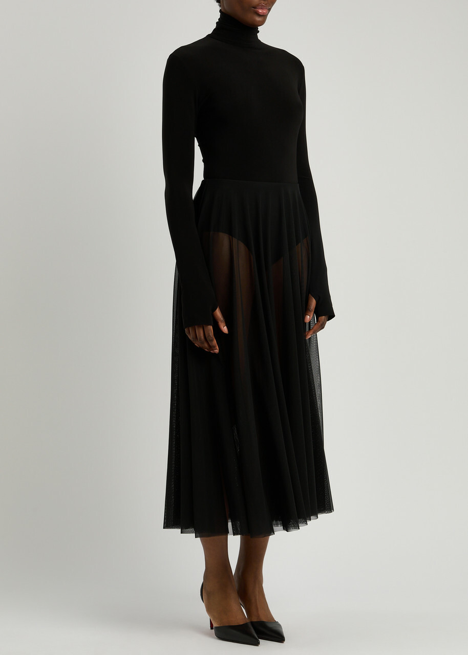 Norma Kamali Semi-sheer Mesh and Jersey Midi Dress Black