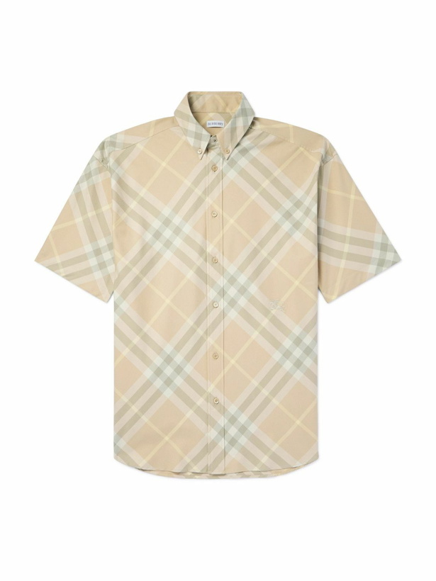 Photo: Burberry - Button-Down Collar Logo-Embroidered Checked Cotton-Twill Shirt - Neutrals