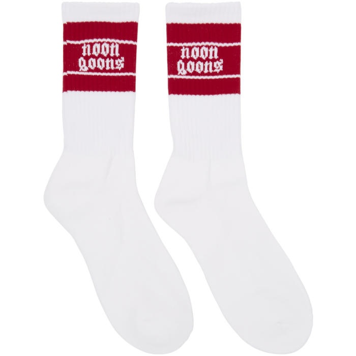Photo: Noon Goons Two-Pack White and Red Stripe Logo Stop Sox Socks