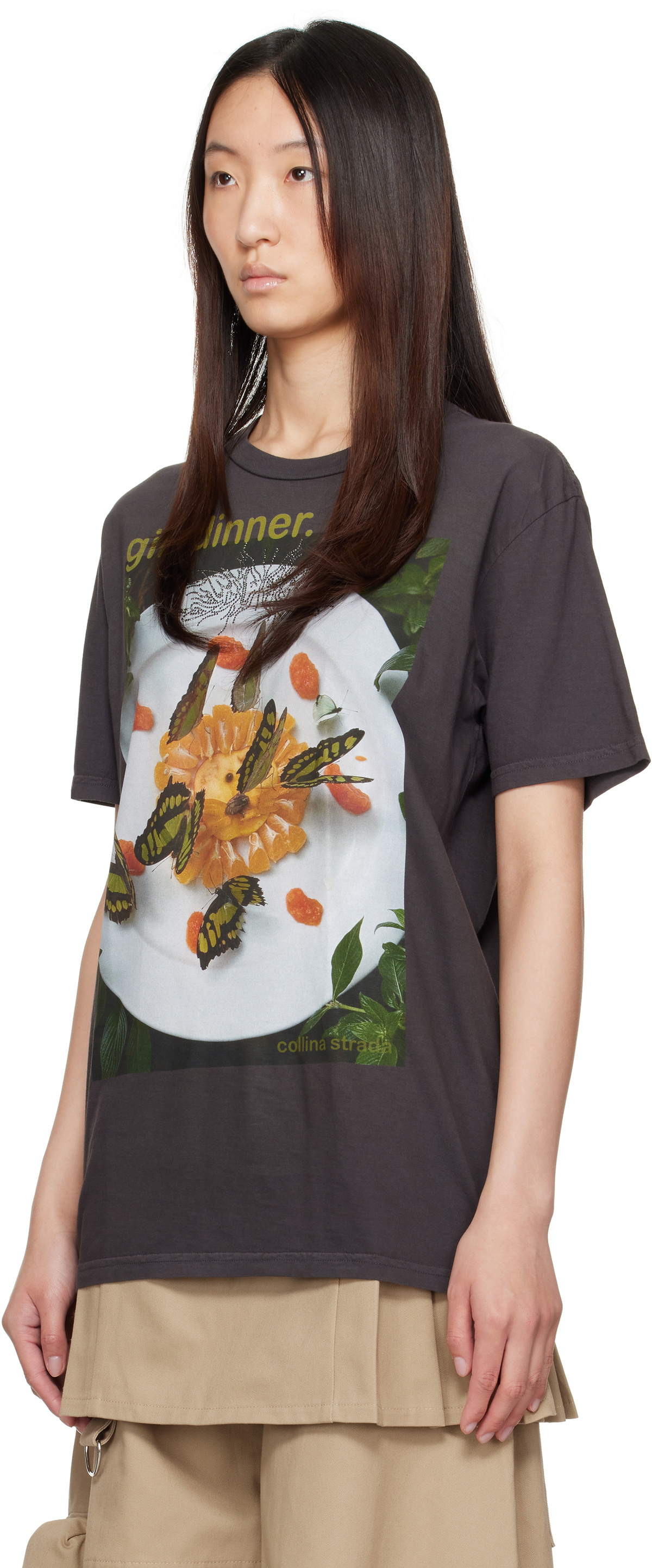 Collina Strada Gray 'Girl Dinner' Rhinestone T-shirt
