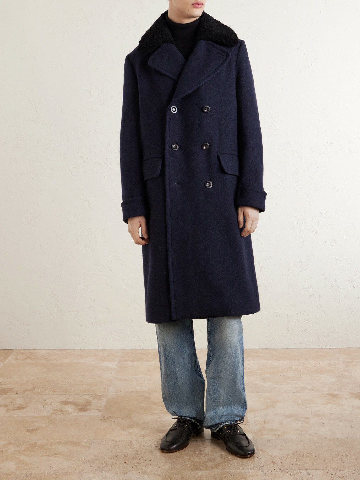 Private White V.C. - The Admiral's Great Shearling-Trimmed Merino Wool and Cashmere-Blend Coat - Blue