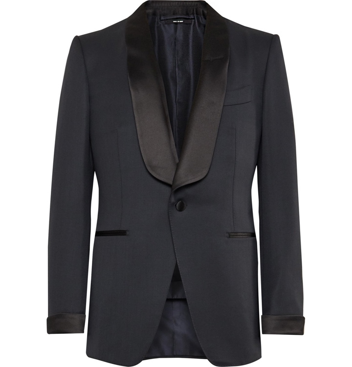 Photo: TOM FORD - Midnight-Blue Satin-Trimmed Wool and Mohair-Blend Tuxedo Jacket - Blue