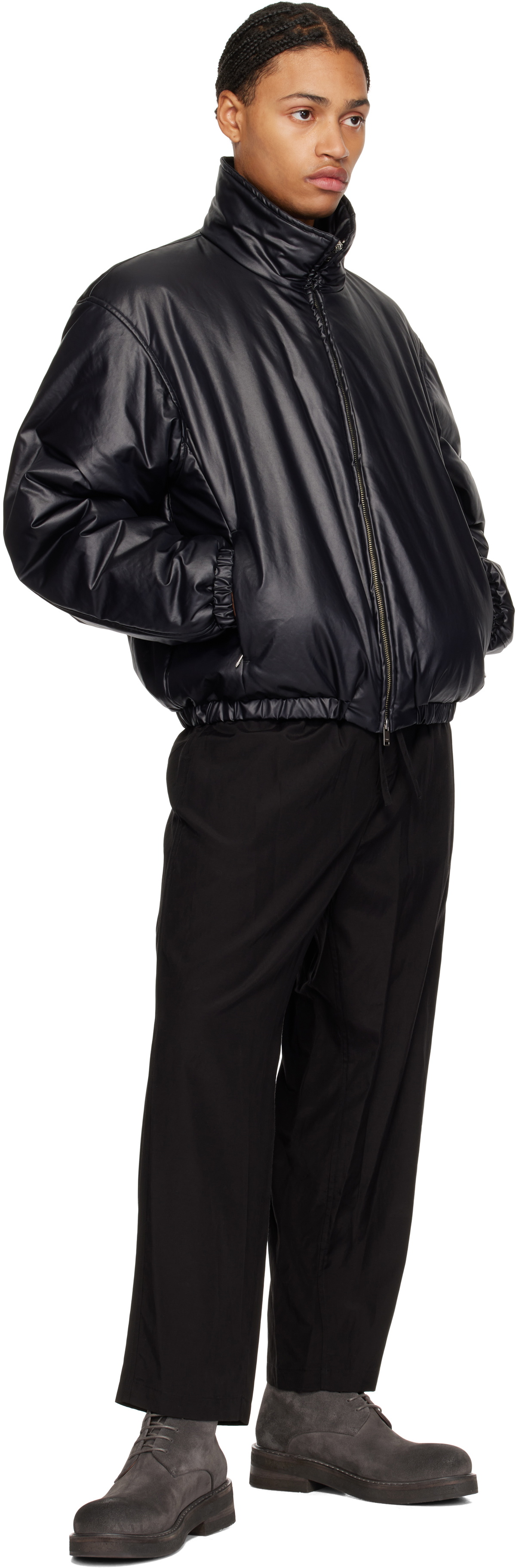 YOKE Black Leather-Like Puffer Jacket YOKE