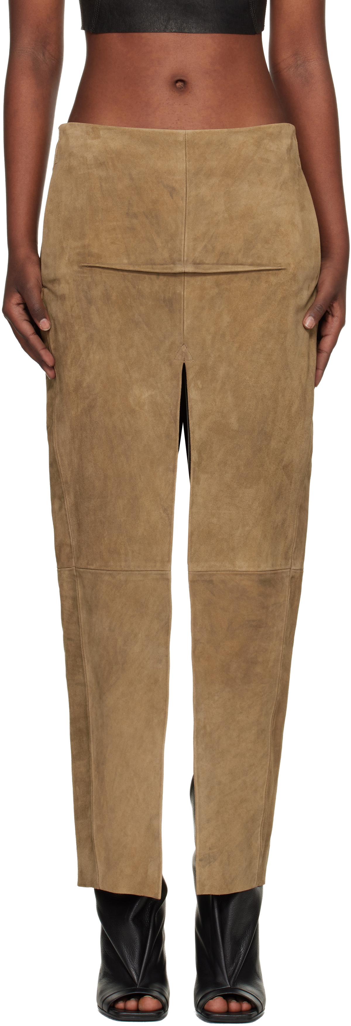 Rick Owens Tan Temple Sliced Suede Midi Skirt