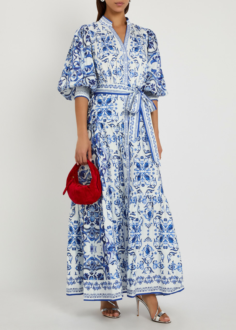 Alice + Olivia Cora Floral-print Stretch-cotton Maxi Shirt Dress Blue And White