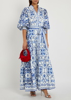 Alice + Olivia Cora Floral-print Stretch-cotton Maxi Shirt Dress Blue And White