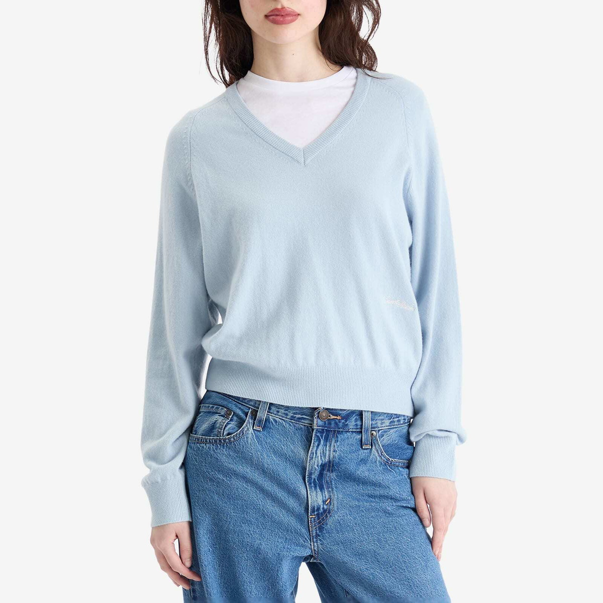 DUNST Women's Unisex Loose V-Neck Sweater in Soft Blue