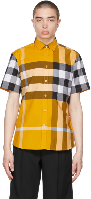 Photo: Burberry Yellow Check Stretch Poplin Short Sleeve Shirt