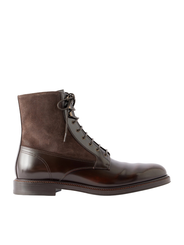 Photo: Brunello Cucinelli - Suede-Trimmed Leather Lace-Up Derby Boots - Brown