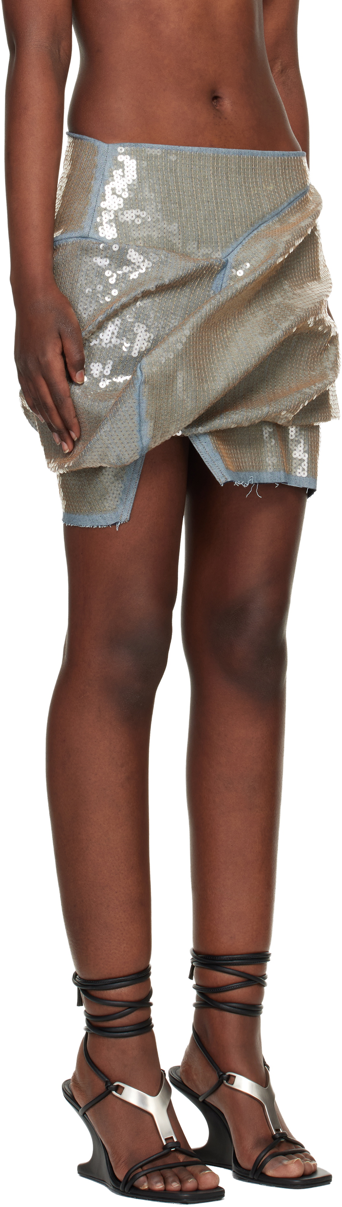 Rick Owens Blue & Beige Temple Draped Denim Miniskirt