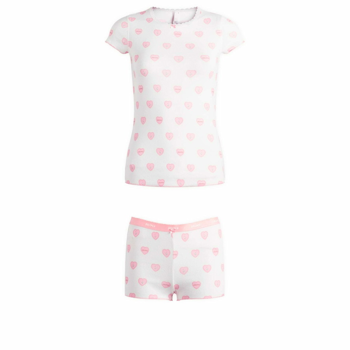 Photo: SKIMS Women's Pointelle Baby T-Shirt & Short Set in Snow Lace Hearts