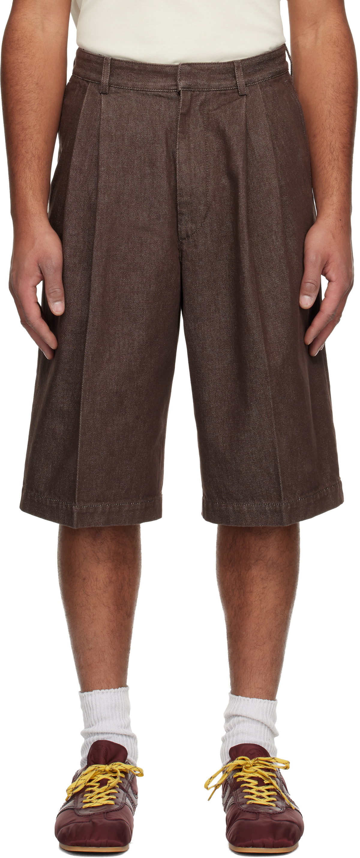 Brown Pleated Denim Shorts by Dries Van Noten on Sale