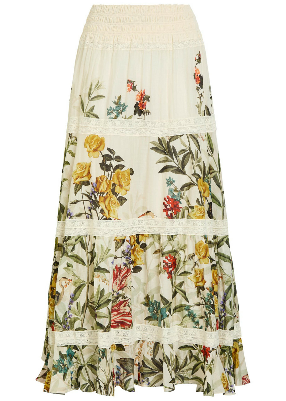 Alice + Olivia Stevie Floral-print Lace-trim Cotton Maxi Skirt White