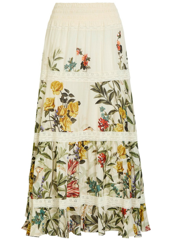 Photo: Alice + Olivia Stevie Floral-print Lace-trim Cotton Maxi Skirt White