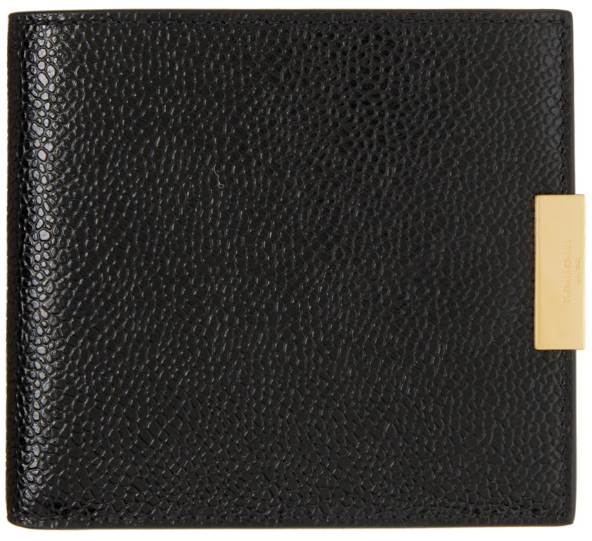 Black Pebble Grain Leather Grosgrain Tab Double Sided Card Holder