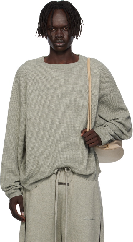 Photo: Fear of God ESSENTIALS Gray Waffle Long Sleeve Crewneck Sweatshirt