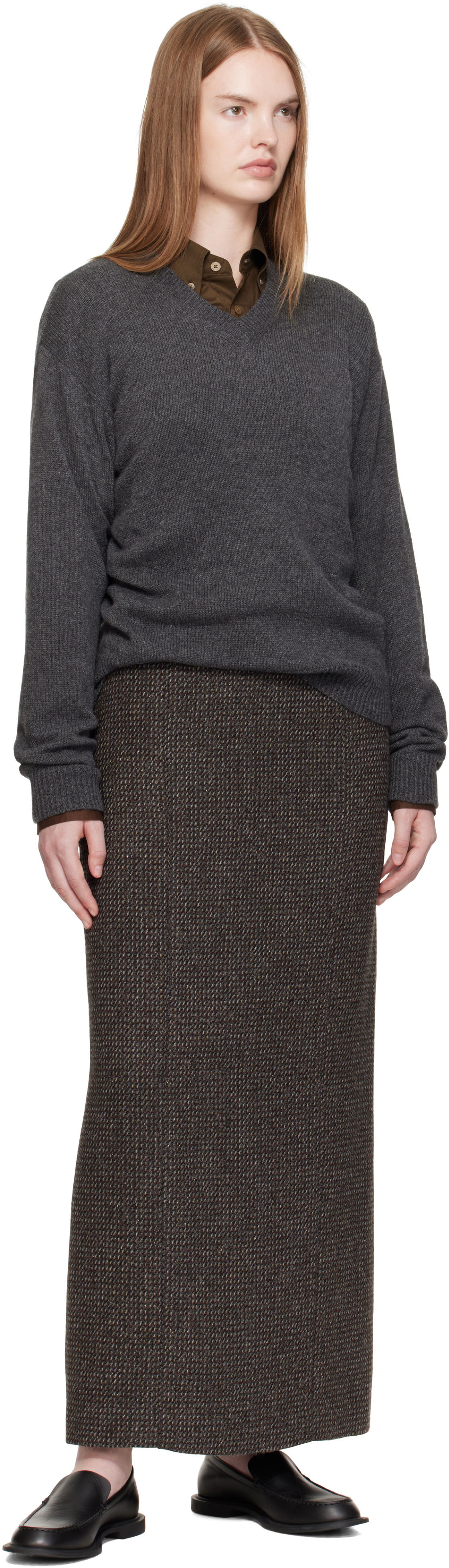 AURALEE Gray Light Cashmere Knit V-Neck Sweater