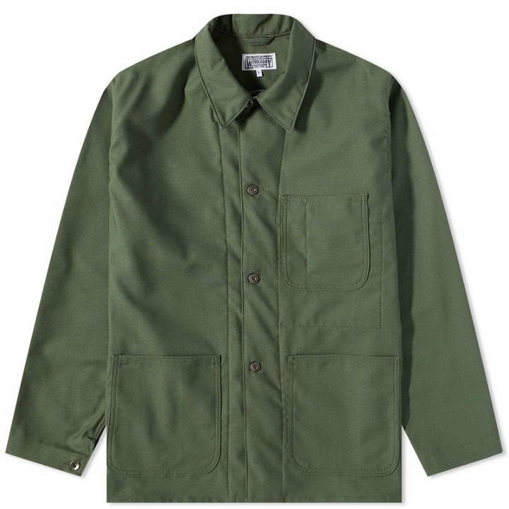 Photo: Engineered Garments Men's Workaday Utility Jacket in Olive Reverse Sateen