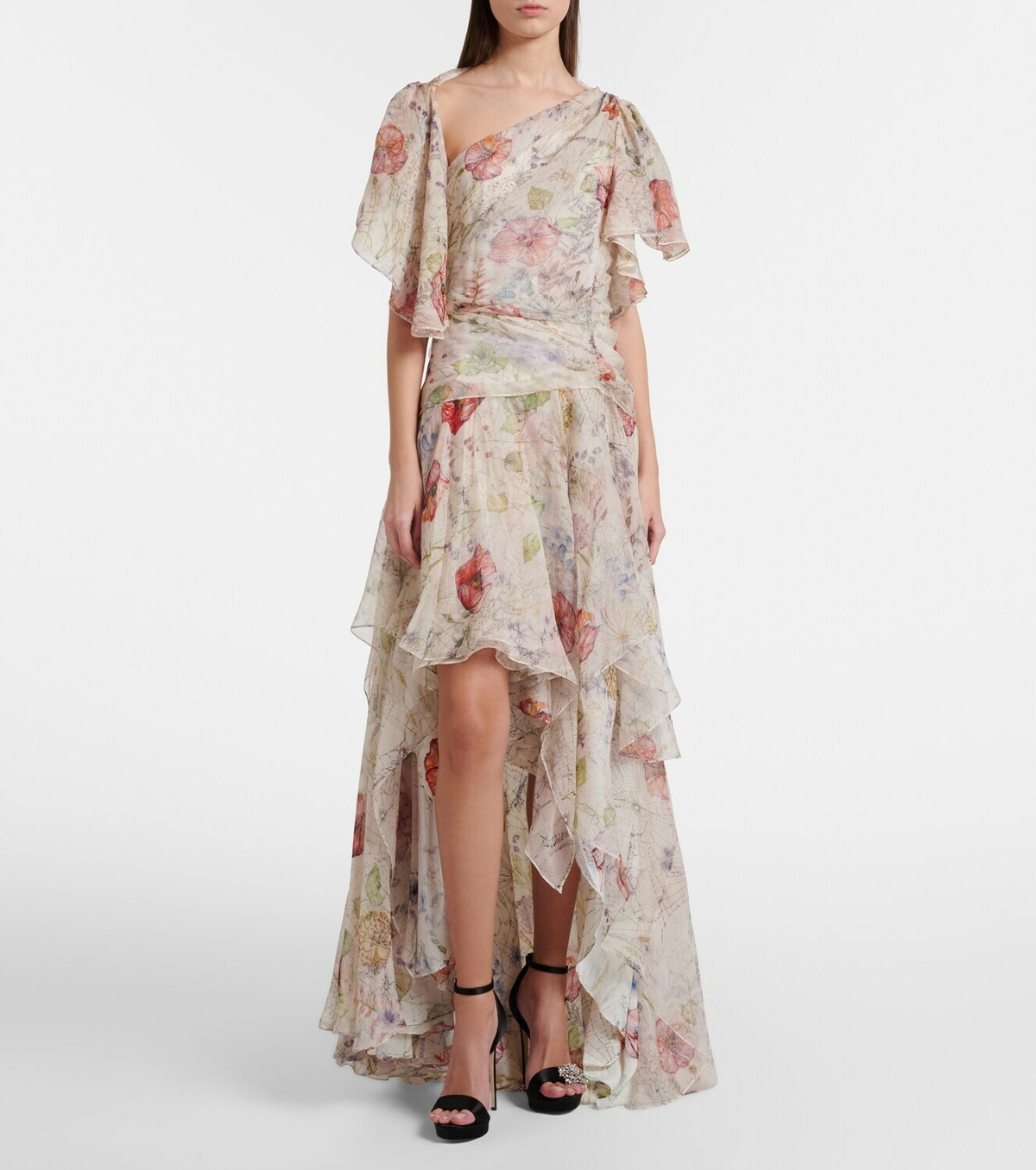 McQueen Floral asymmetric silk chiffon gown