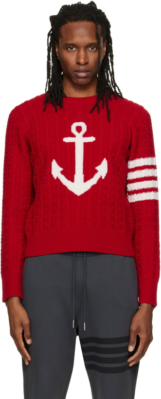 Photo: Thom Browne Red Merino Wool 4-Bar Intarsia Anchor Sweater
