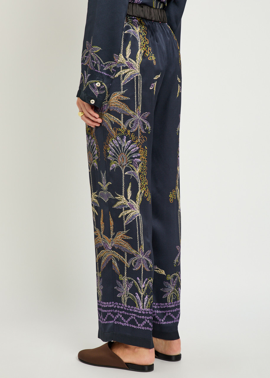 Forte_forte Floral-print Straight-leg Satin Trousers Navy