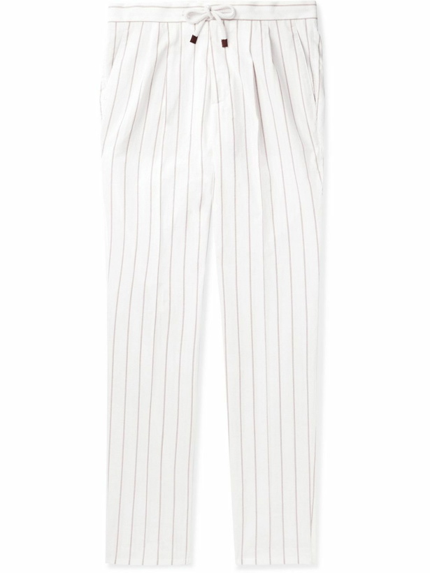 Photo: Brunello Cucinelli - Straight-Leg Striped Cotton-Poplin Drawstring Trousers - White