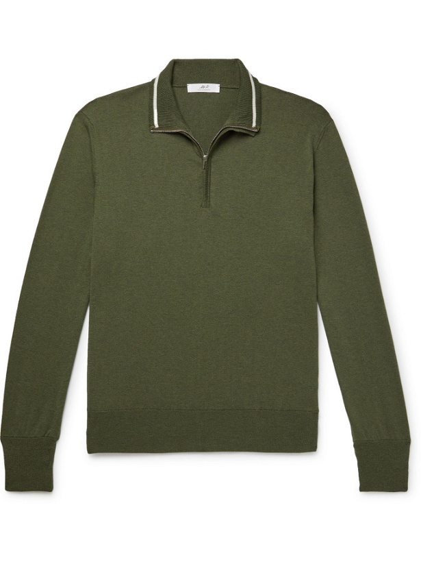 Photo: MR P. - Contrast-Trimmed Silk and Cotton-Blend Half-Zip Sweater - Green - XS