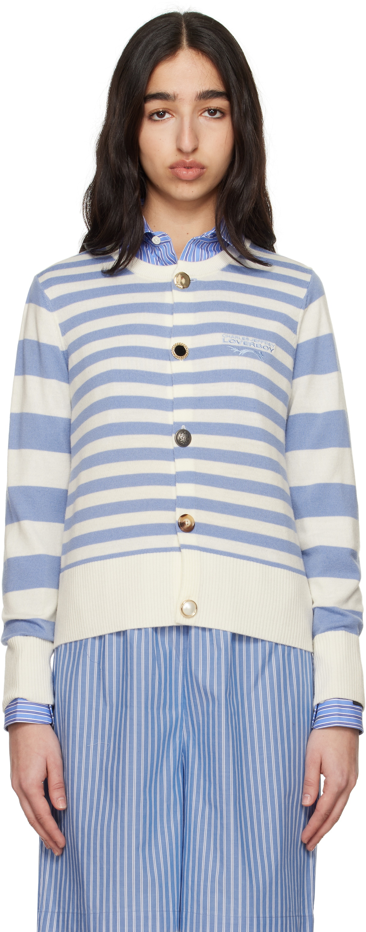Charles Jeffrey LOVERBOY Blue & White Button Down Cardigan