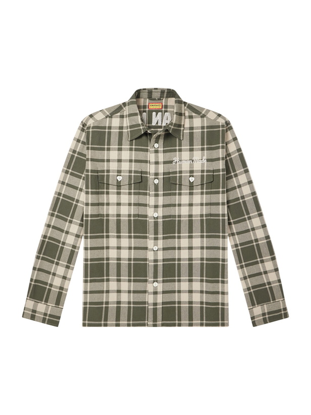 Photo: Human Made - Logo-Embroidered Checked Cotton-Flannel Shirt - Green