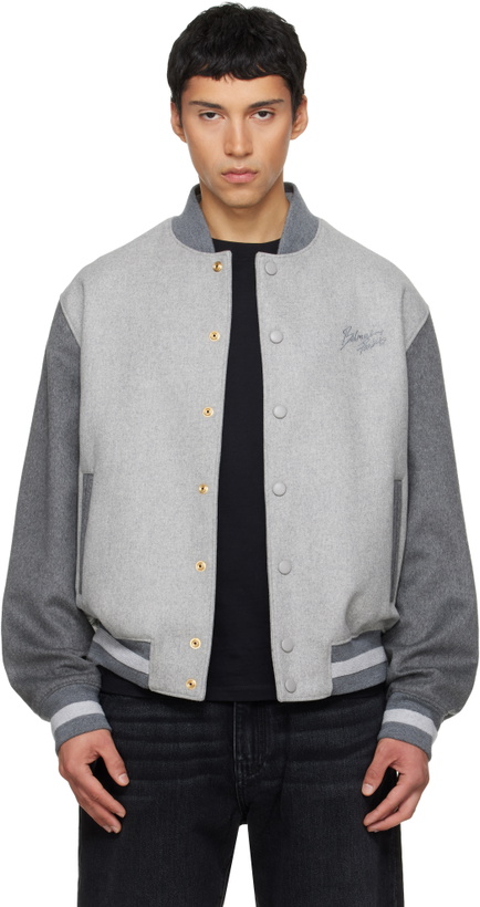 Photo: Balmain Gray Wool & Cashmere Varsity Bomber Jacket