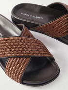 Manolo Blahnik - Chiltern Leather-Trimmed Raffia Sandals - Brown