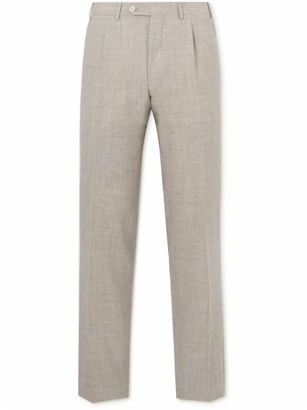 Photo: Canali - Straight-Leg Pleated Wool, Silk and Linen-Blend Trousers - Neutrals