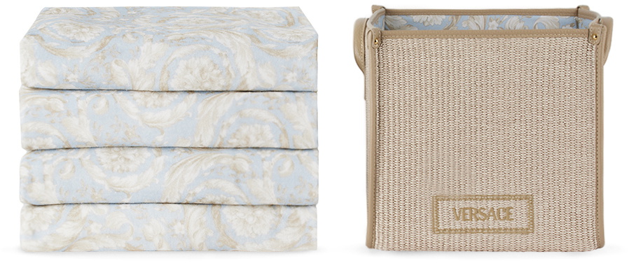 Versace Blue & Beige Barocco Floor Basket Towel Set, 5 pcs