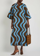 Alemais Frankie Wavy-print Linen Midi Dress Blue
