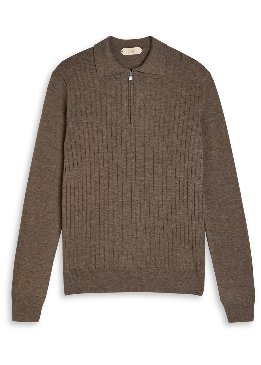 Aurélien Ribbed-knit Wool Polo Shirt Taupe
