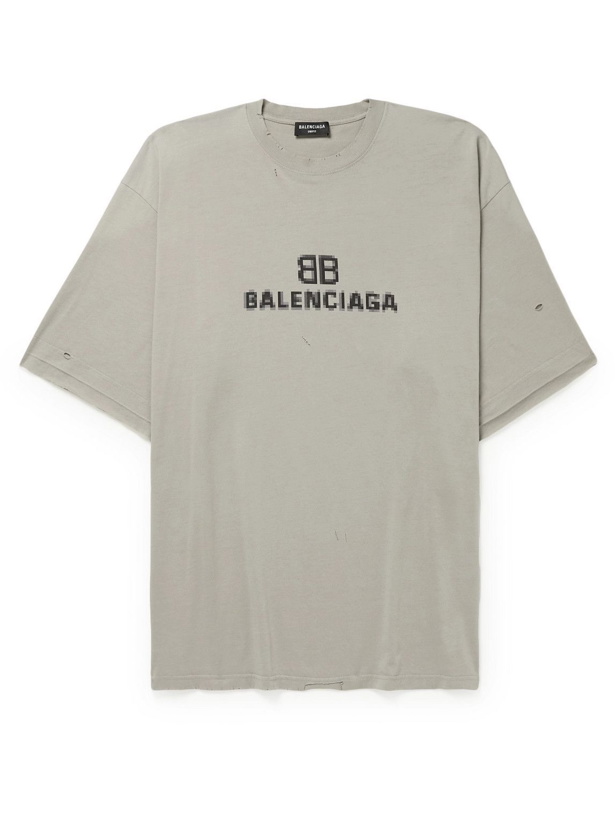 Photo: Balenciaga - Distressed Logo-Print Cotton-Jersey T-Shirt - Gray