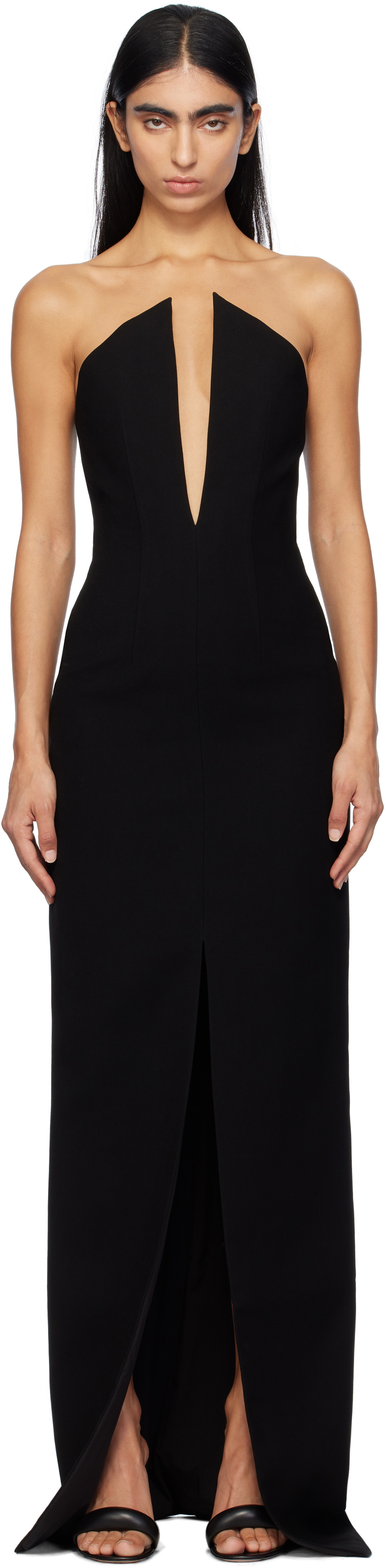 Mônot Black V-Neck Corsetted Maxi Dress