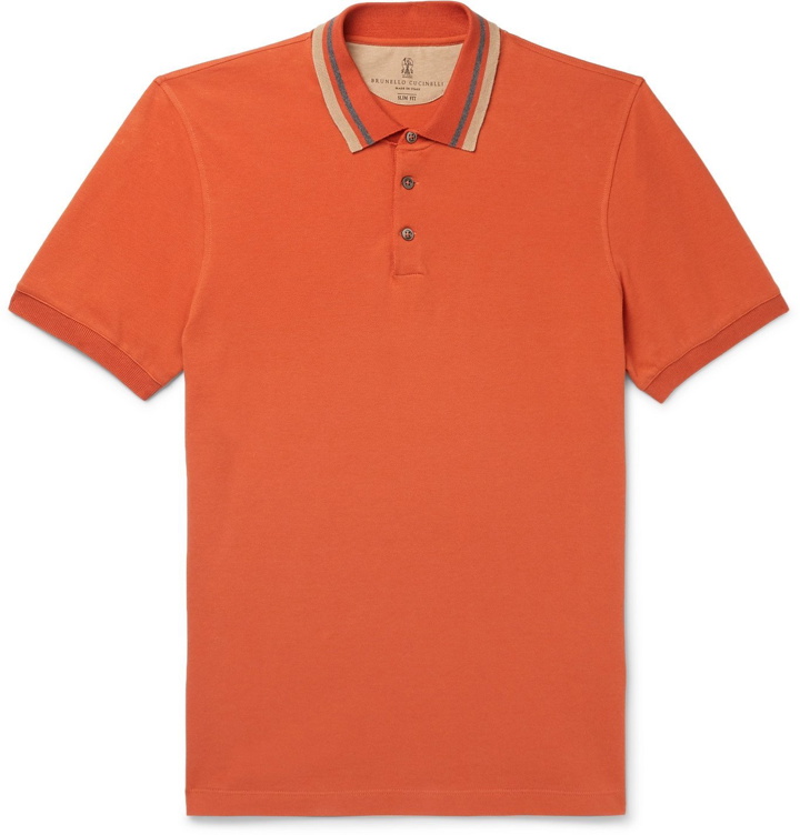 Photo: Brunello Cucinelli - Slim-Fit Contrast-Tipped Cotton-Piqué Polo Shirt - Orange