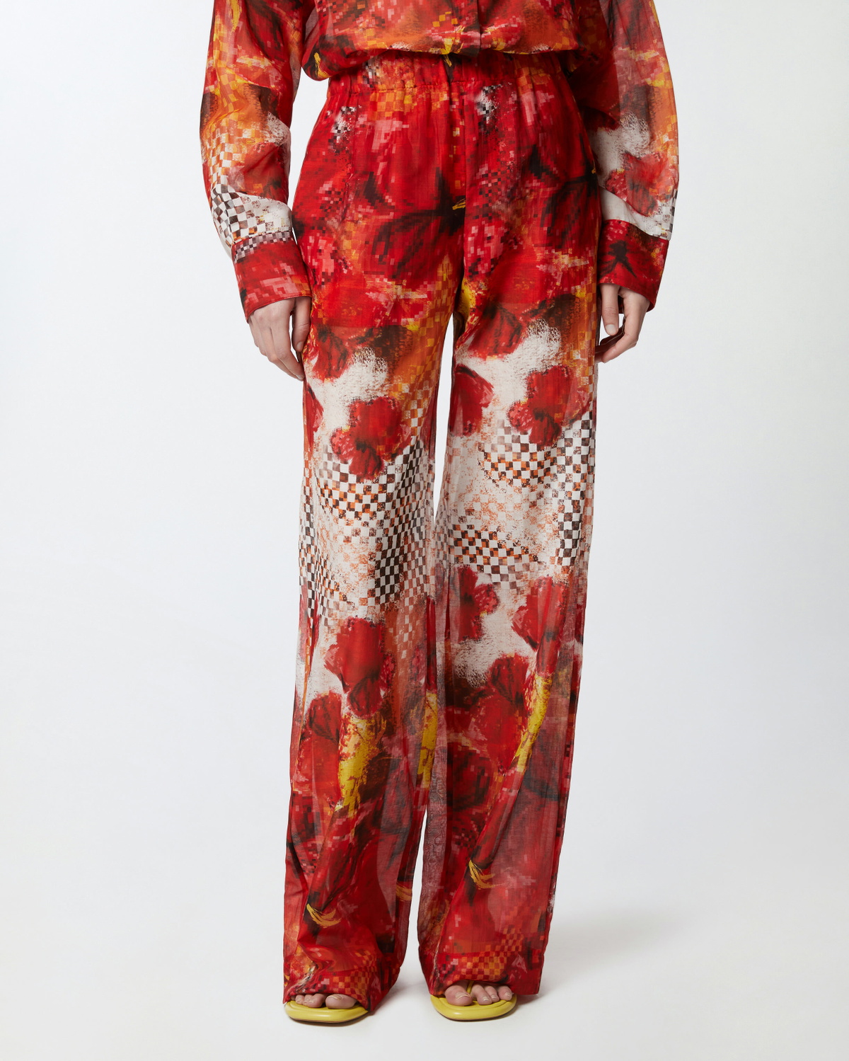 Pinko Lightweight Palazzo Trousers With Floral And Check Print Multicolour: Red/White