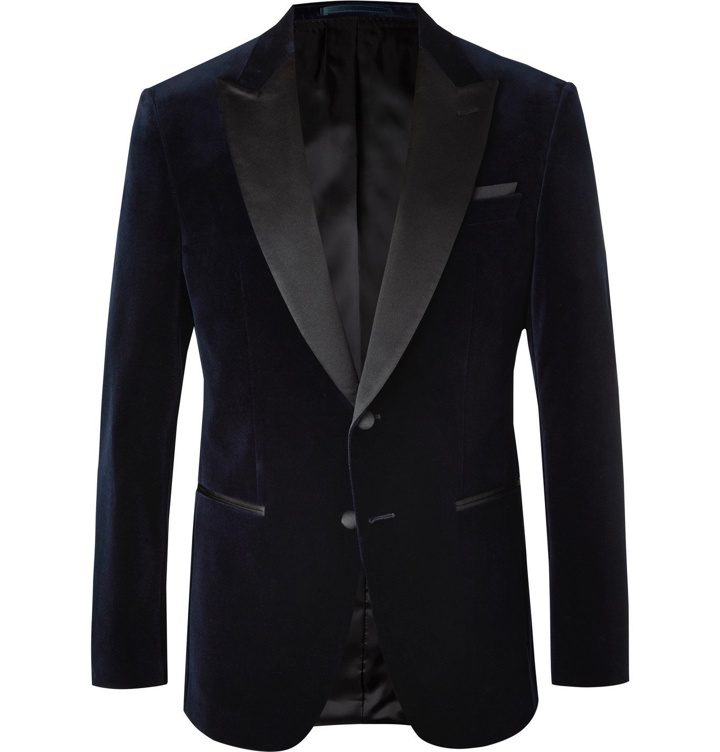 Photo: HUGO BOSS - Helward Silk Satin-Trimmed Cotton-Velvet Tuxedo Jacket - Blue